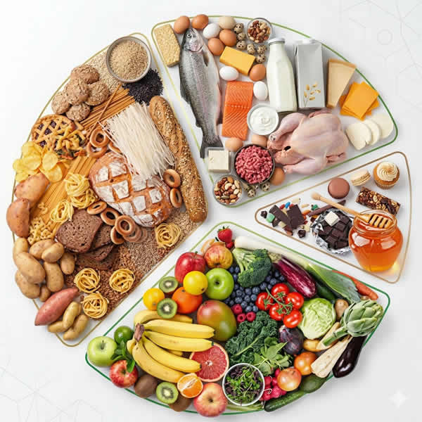 Grafico circolare dei gruppi alimentari: cereali, proteine, frutta, verdura e latticini in proporzioni equilibrate
