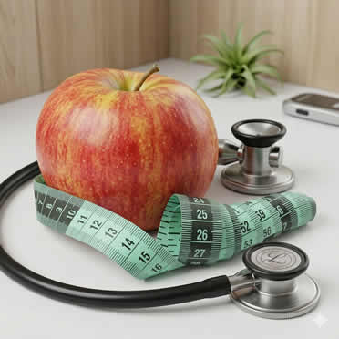 Mela, metro da sarta e stetoscopio: simboli di salute, nutrizione e cura medica
